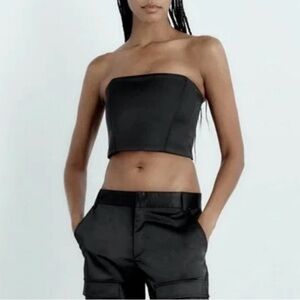 Zara Satin Effect Black Corset Crop Top - Size Small, Perfect for Night Out